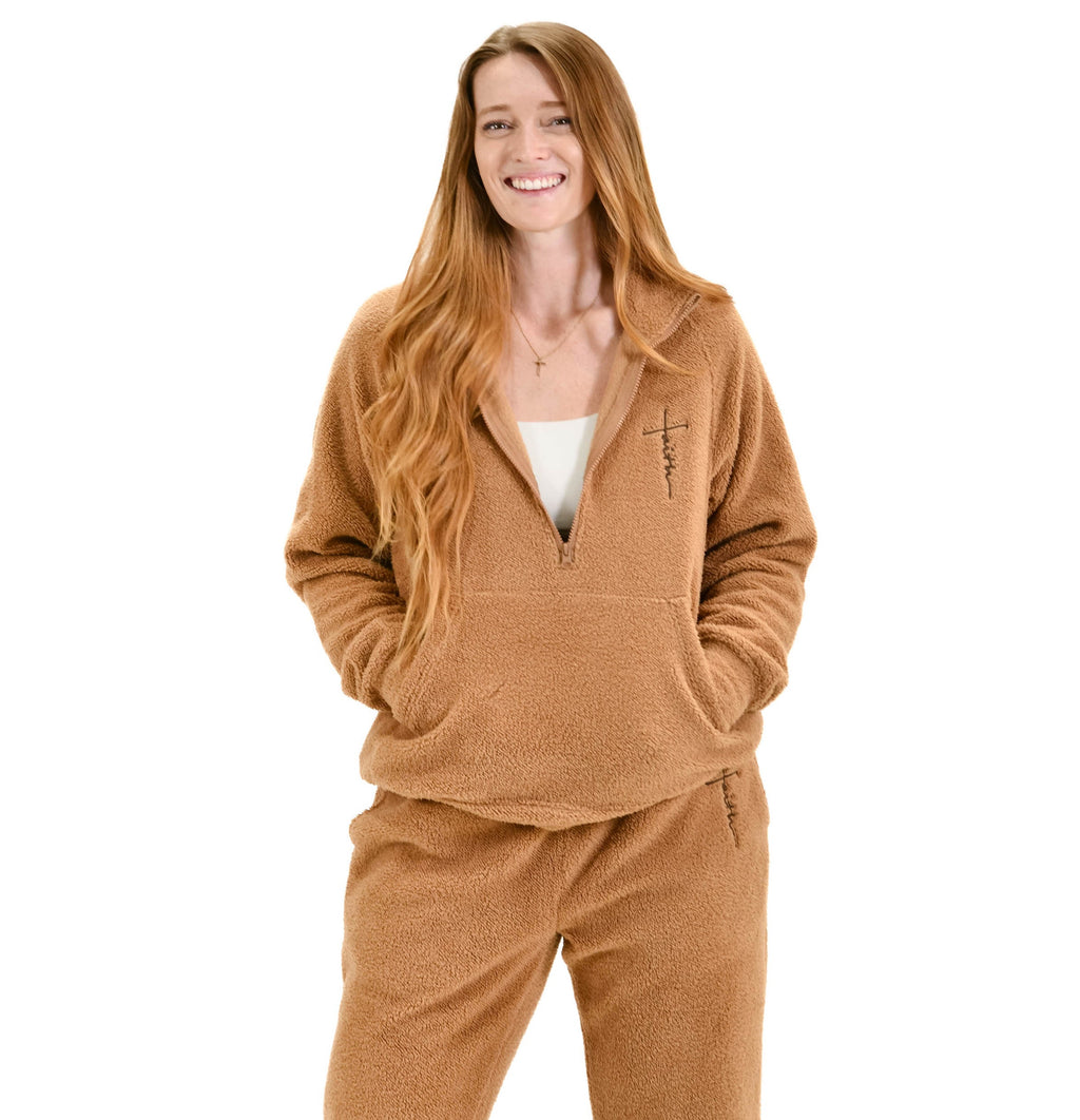 Cider Brown Faith Cross Cozy Sherpa Fleece Half Zip Pullover & Sweatpants Bundle