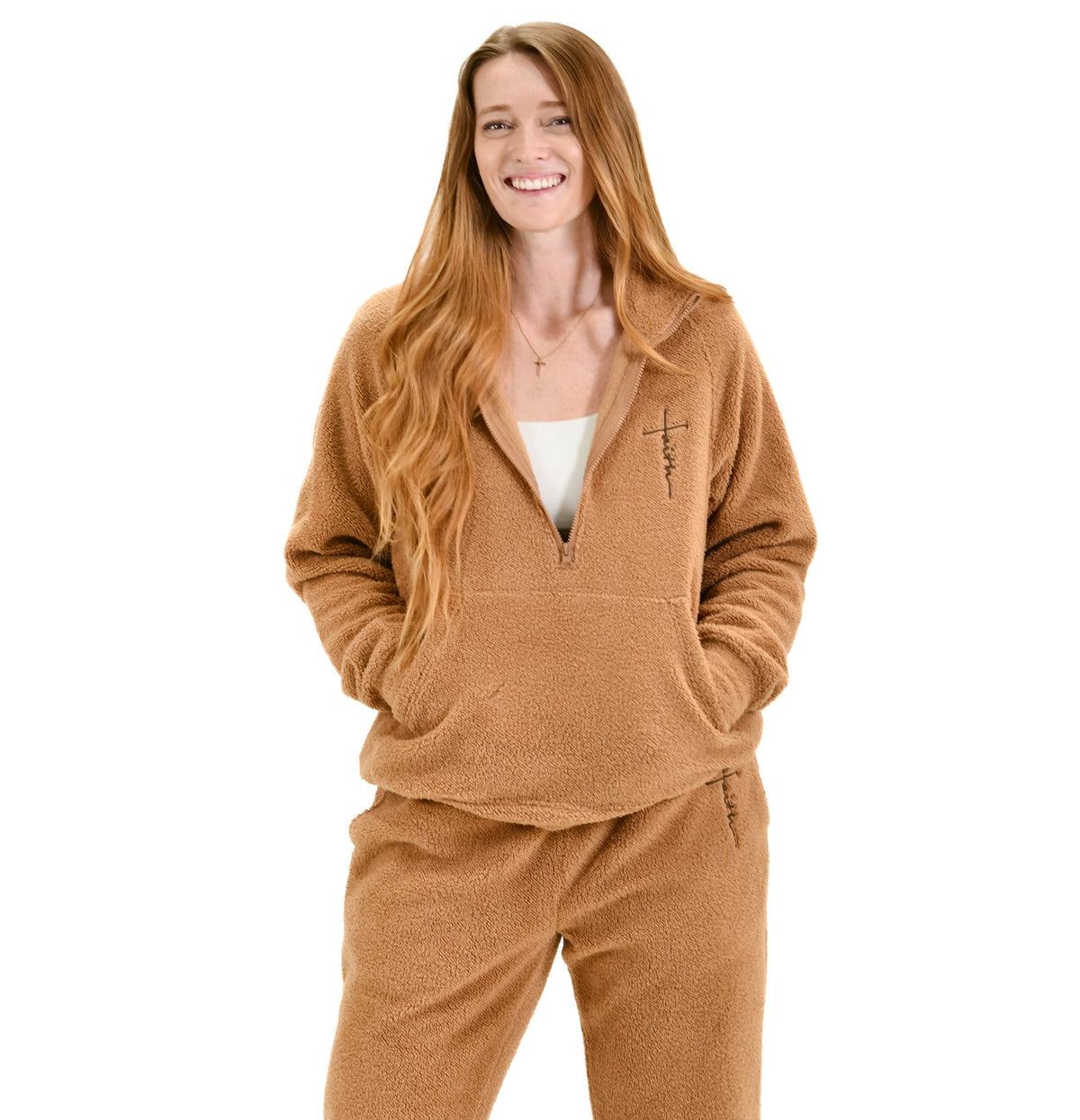 Cider Brown Faith Cross Cozy Sherpa Fleece Half Zip Pullover & Sweatpants Bundle