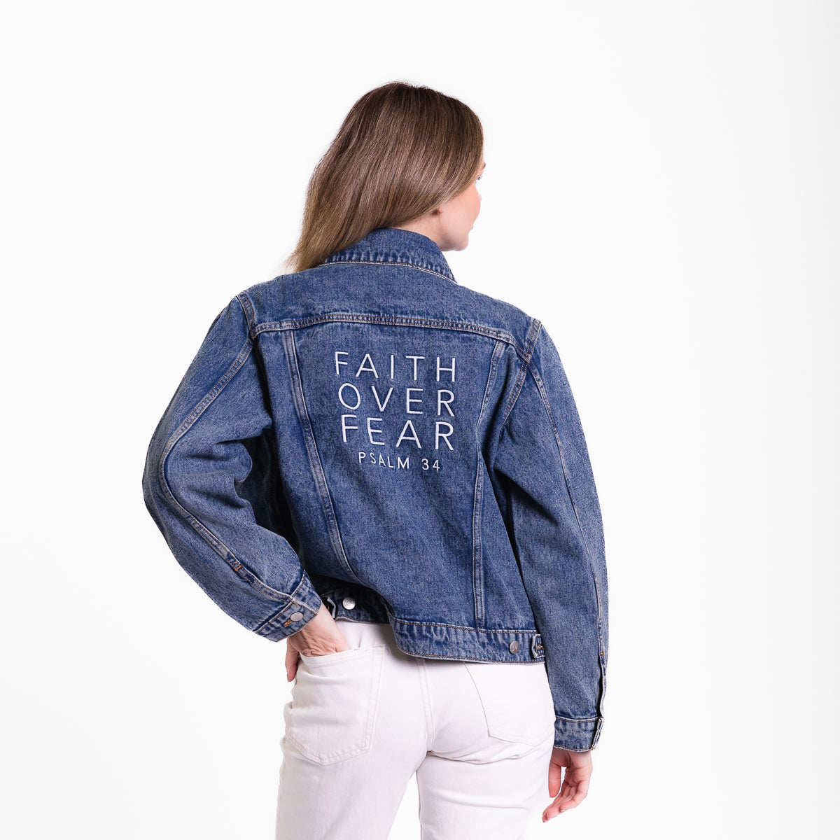 Vintage Washed Faith Over Fear Denim Jacket