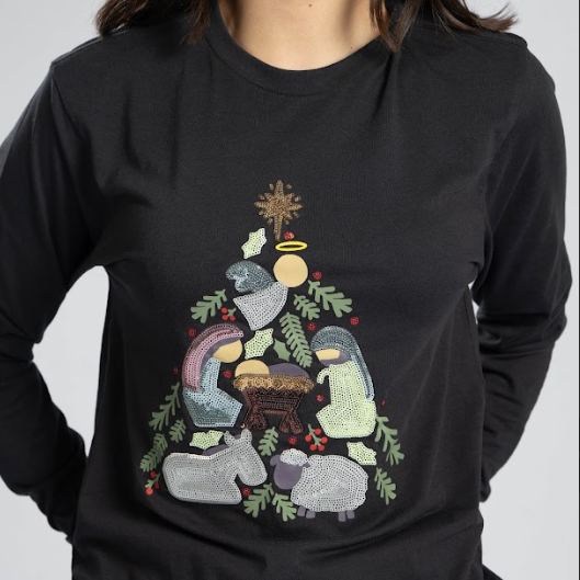 Nativity Tree Long Sleeve Sequin Tee