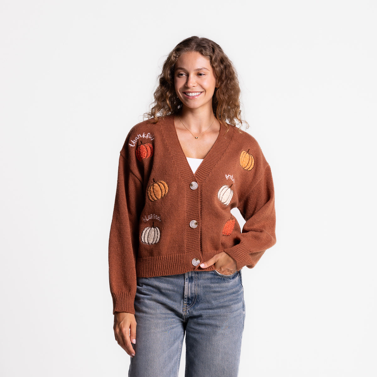 Thankful Grateful Blessed Pumpkins Embellished Cardigan product image 1