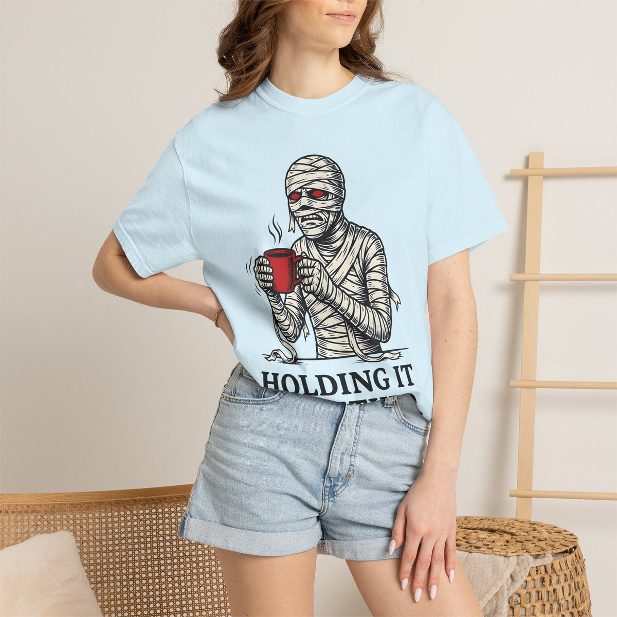 Bandaged Coffee Cup Cartoon T-Shirt – Halloween Caffeine Lover Mummy, Unisex Graphic Tee