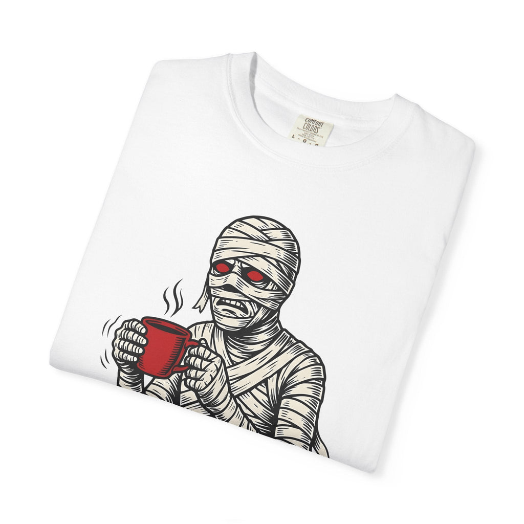 Bandaged Coffee Cup Cartoon T-Shirt – Halloween Caffeine Lover Mummy, Unisex Graphic Tee
