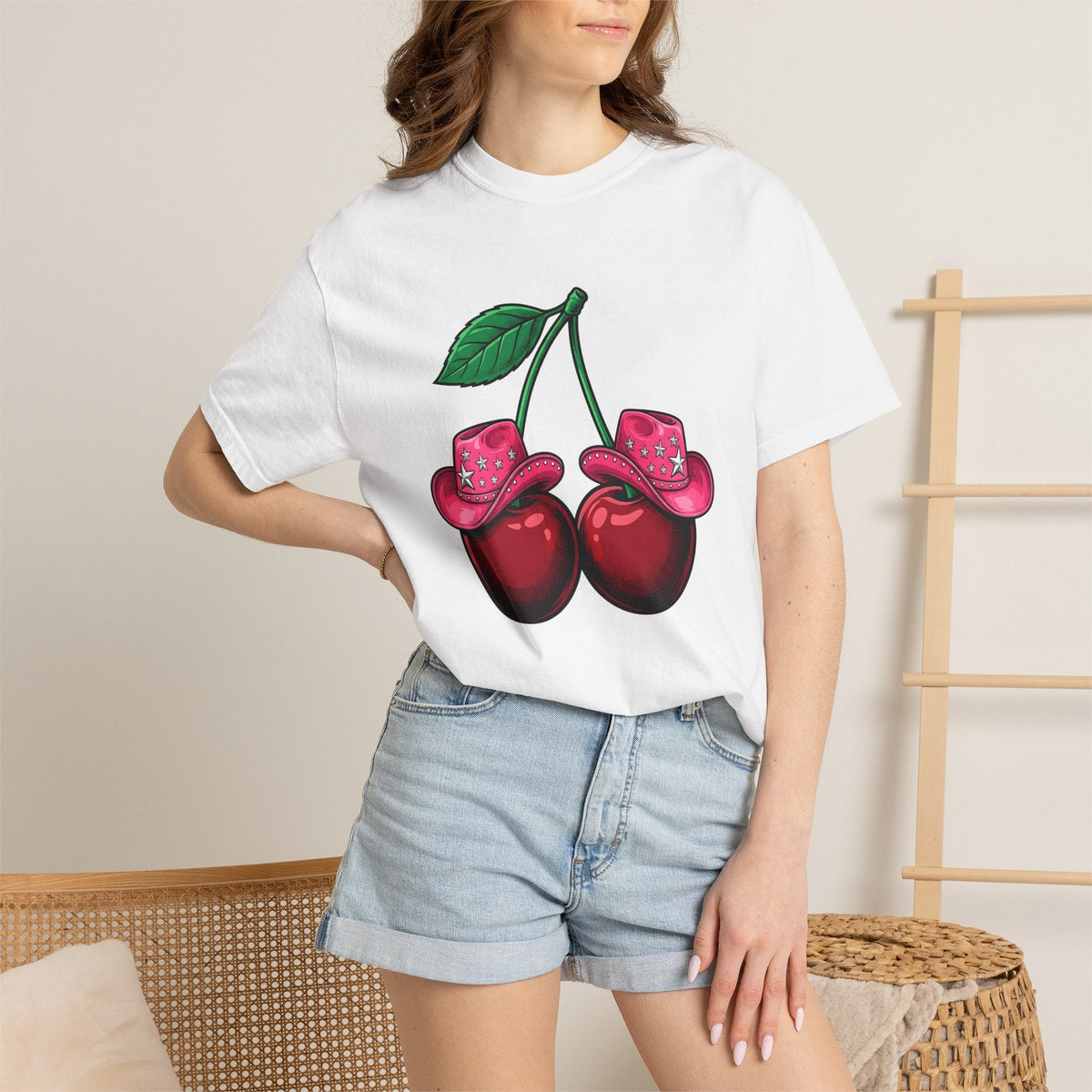 Cherry Cowboy Hat Cartoon T-Shirt – Cowgirl Fall Harvest Design, Women Graphic Tee