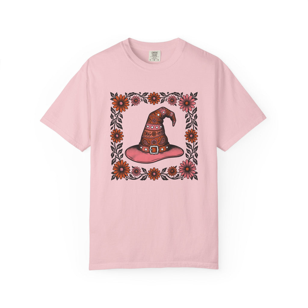 Witch Hat Bouquet Line Art T-Shirt – Floral Halloween Magic Design, Unisex Graphic Tee