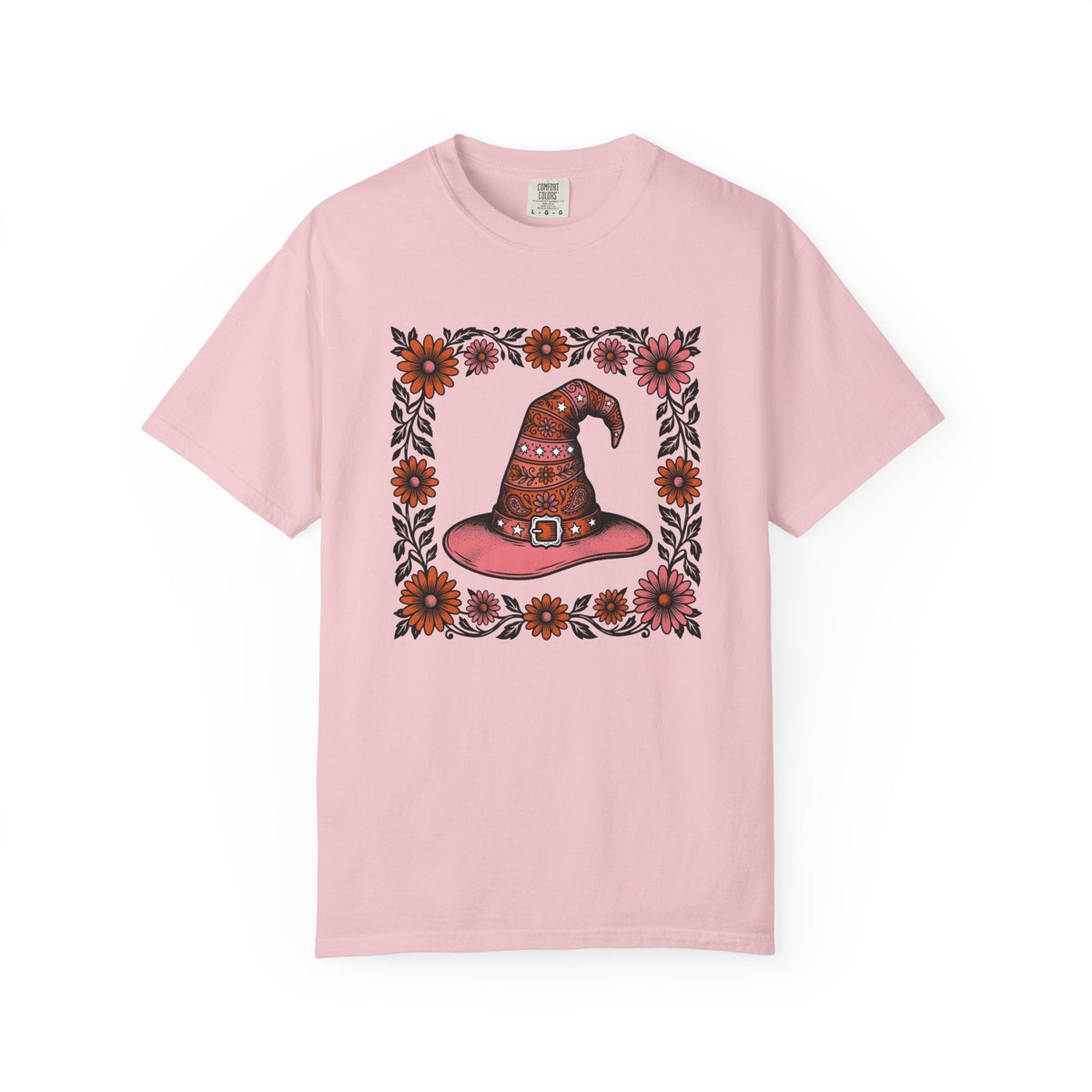 Witch Hat Bouquet Line Art T-Shirt – Floral Halloween Magic Design, Unisex Graphic Tee