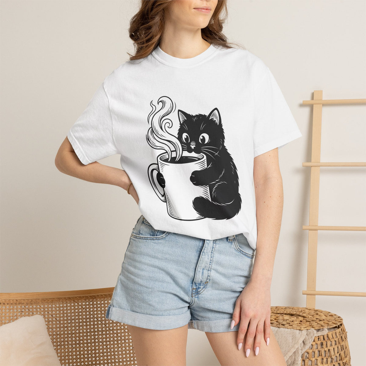 Black Feline Mug Shirt Cat Cappuccino Unisex Gift Cartoon Tee Cat T-Shirt Cat