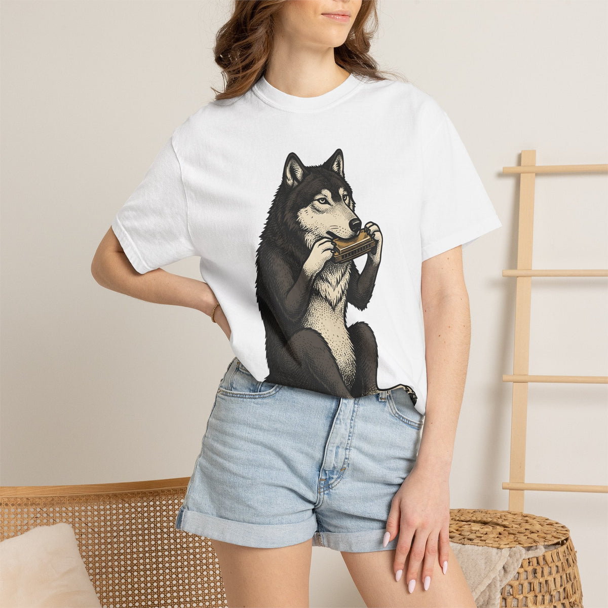 Wolf Harmonica Shirt Animals Instruments Unisex Gift Sketch product image 6