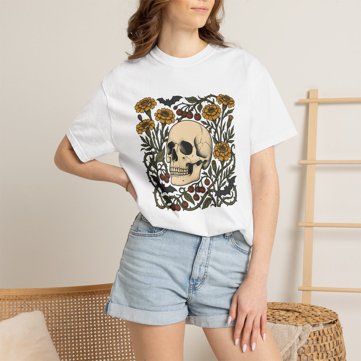 Skull Floral Shirt Halloween Gothic Unisex Gift Tattoo Tee product image 7