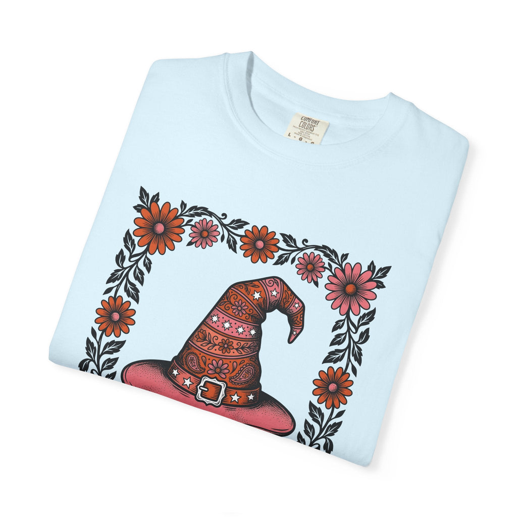 Witch Hat Bouquet Line Art T-Shirt – Floral Halloween Magic Design, Unisex Graphic Tee