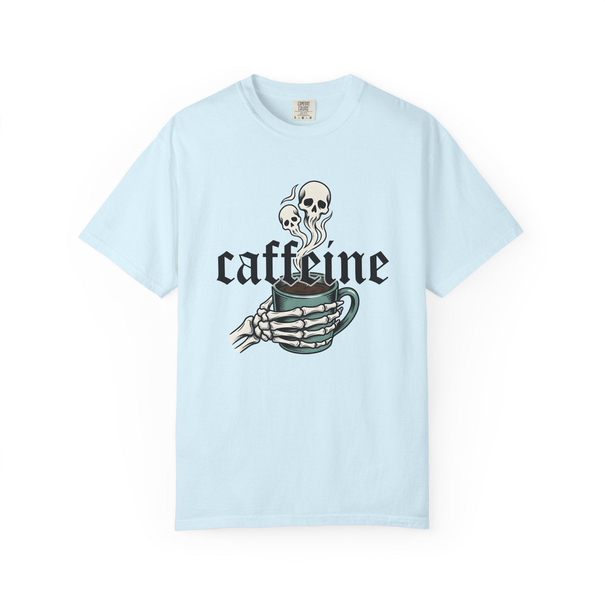 Skull Hand Coffee Mug Spooky T-Shirt – Halloween Horror Caffeine Lover, Unisex Graphic Tee