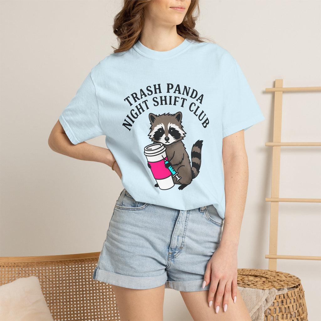 Raccoon Coffee Mug Comic T-Shirt – Funny Nurse Wildlife Caffeine, Unisex Graphic Tee