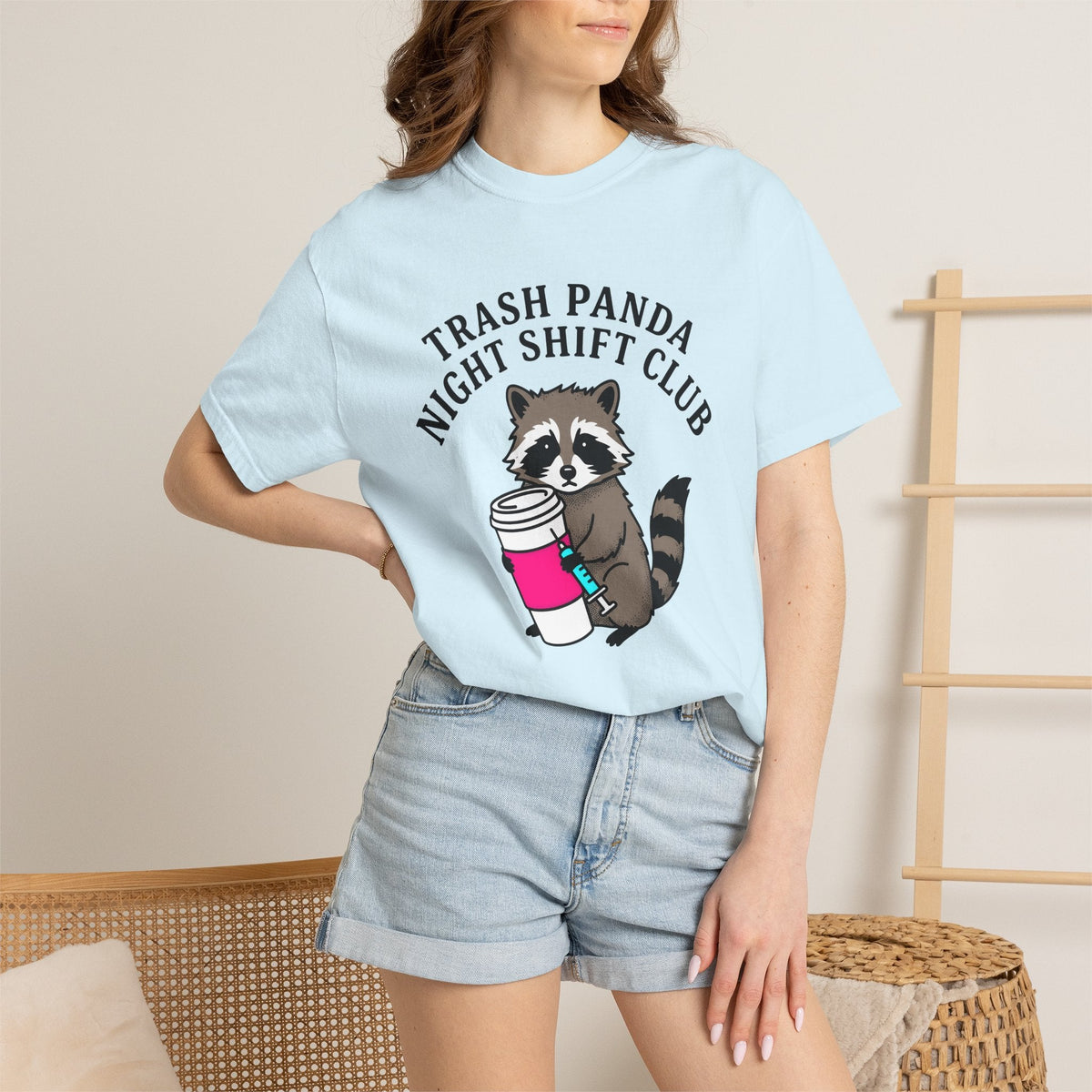 Raccoon Coffee Mug Comic T-Shirt – Funny Nurse Wildlife Caffeine, Unisex Graphic Tee