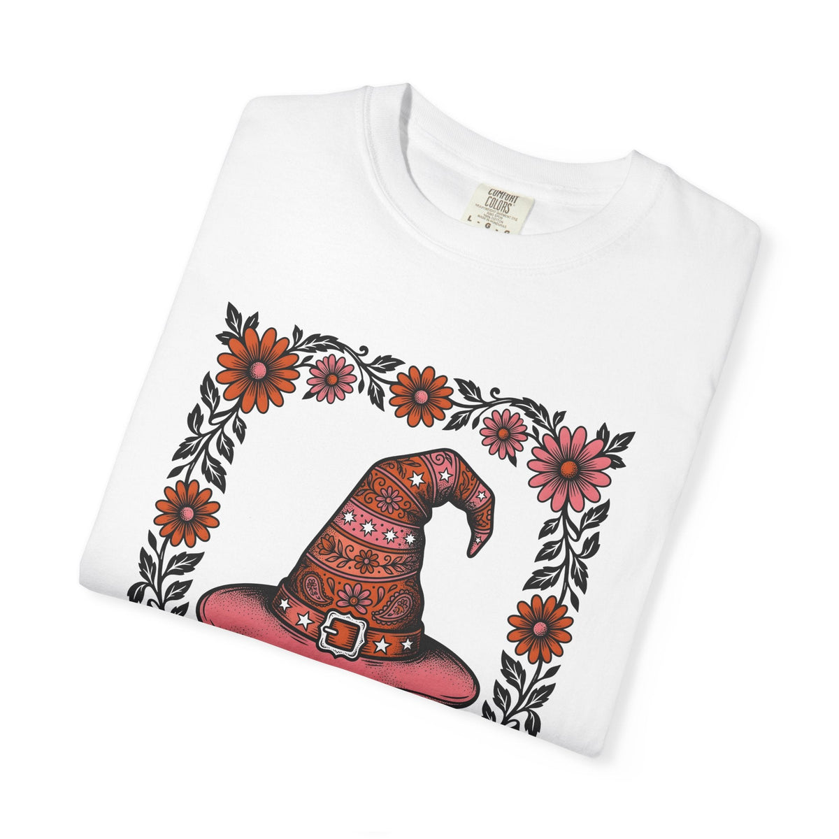 Witch Hat Bouquet Line Art T-Shirt – Floral Halloween Magic Design, Unisex Graphic Tee