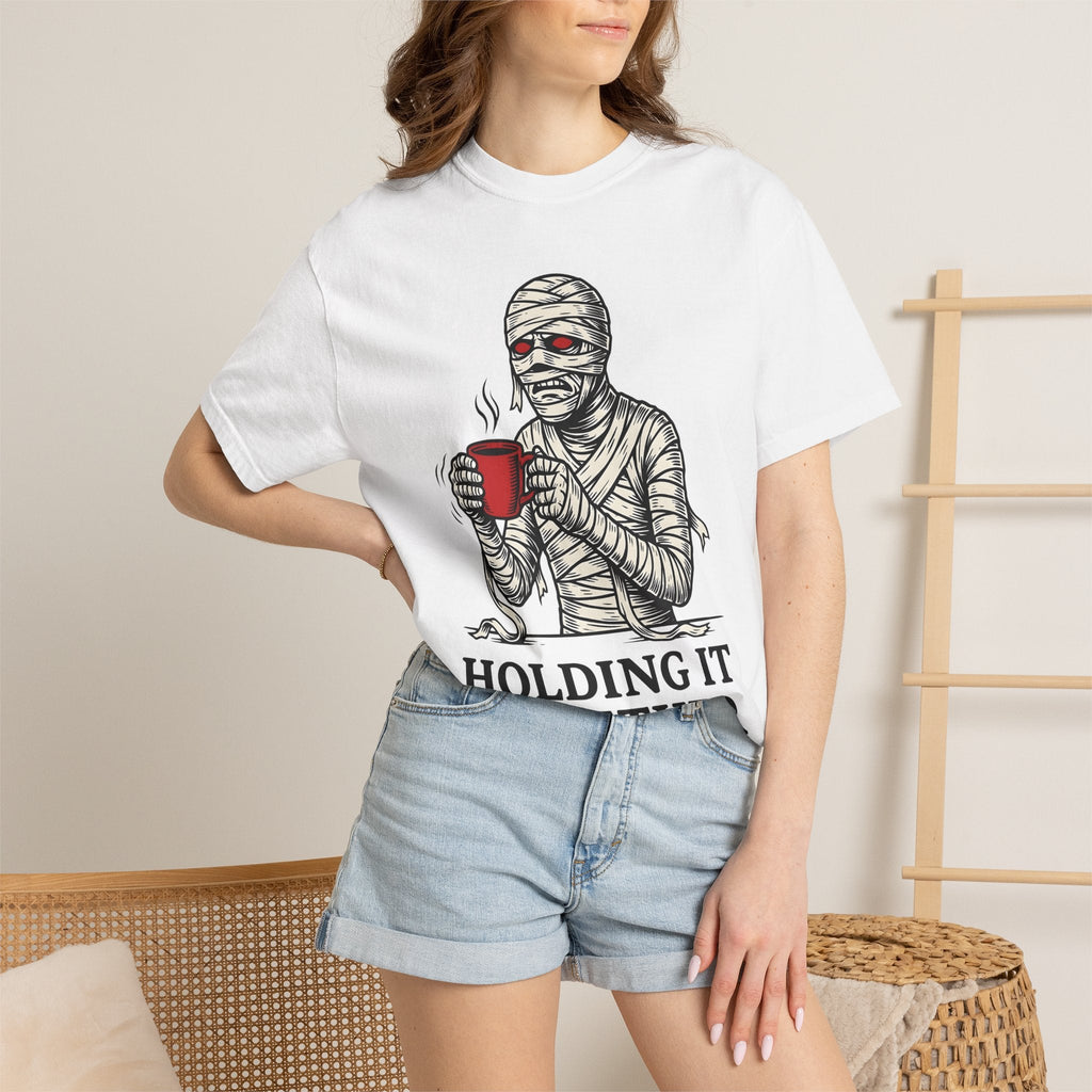 Bandaged Coffee Cup Cartoon T-Shirt – Halloween Caffeine Lover Mummy, Unisex Graphic Tee