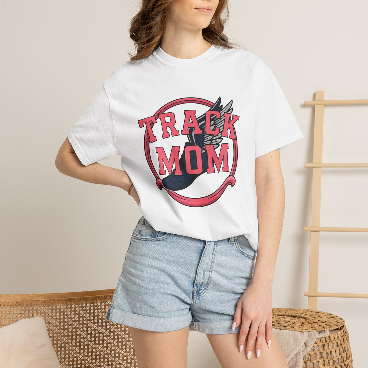 Winged Running Shoes Cartoon T-Shirt – Track Mom Fitness Design, Women Graphic Tee