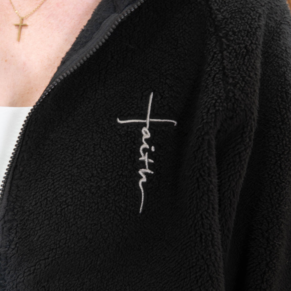 Black Faith Cross Cozy Sherpa Fleece Half Zip Pullover & Sweatpants Bundle