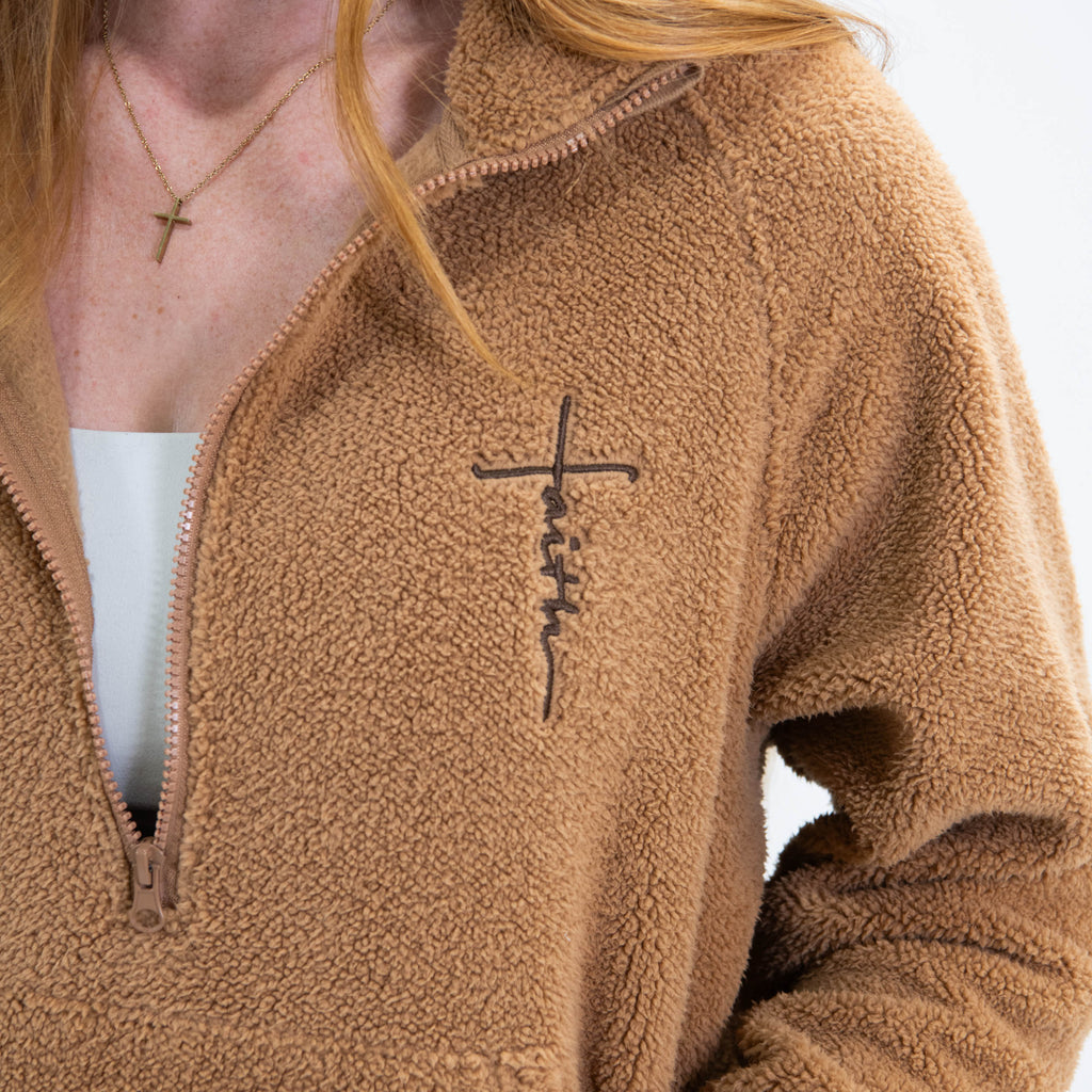 Cider Brown Faith Cross Cozy Sherpa Fleece Half Zip Pullover & Sweatpants Bundle
