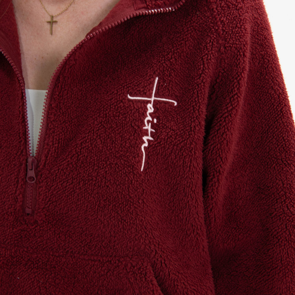 Crimson Faith Cross Cozy Sherpa Fleece Half Zip Pullover & Sweatpants Bundle