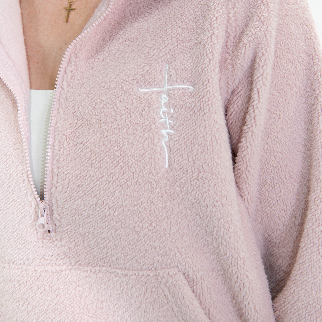 Pink Faith Cross Cozy Sherpa Fleece Half Zip Pullover & Sweatpants Bundle