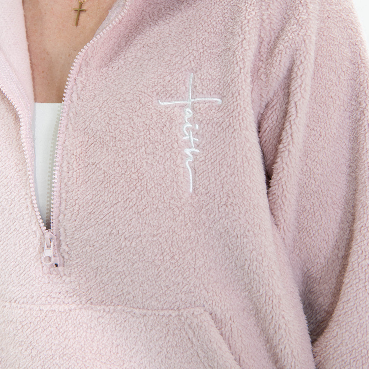 Pink Faith Cross Cozy Sherpa Fleece Half Zip Pullover & Sweatpants Bundle