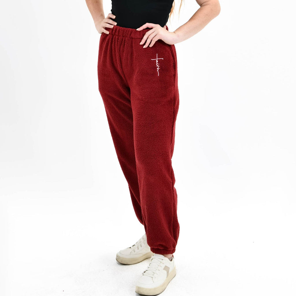 Crimson Faith Cross Cozy Sherpa Fleece Half Zip Pullover & Sweatpants Bundle