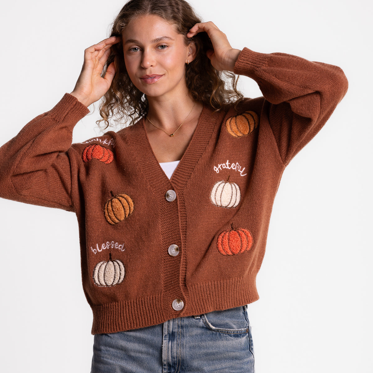 Thankful Grateful Blessed Pumpkins Embellished Cardigan product image 2