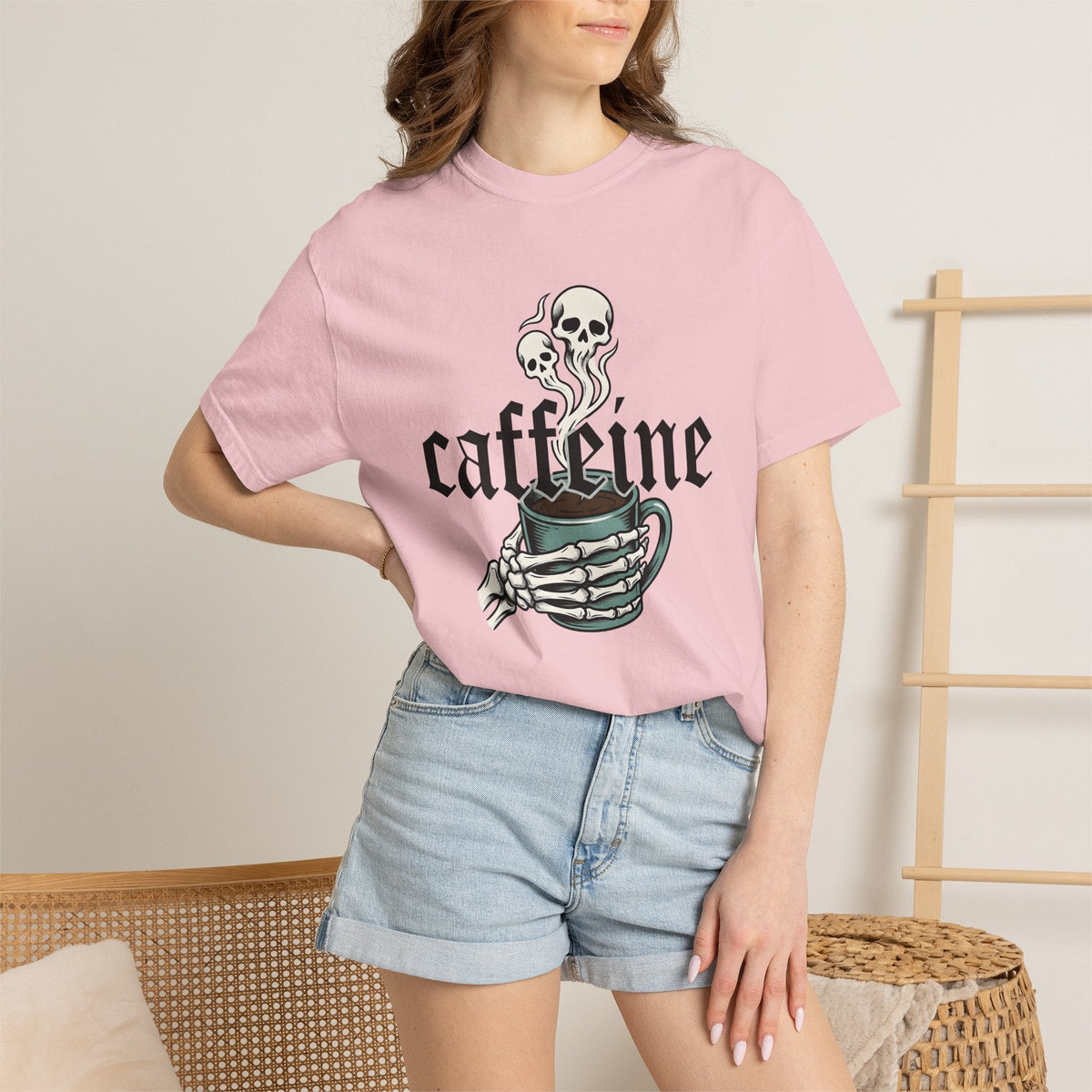 Skull Hand Coffee Mug Spooky T-Shirt – Halloween Horror Caffeine Lover, Unisex Graphic Tee
