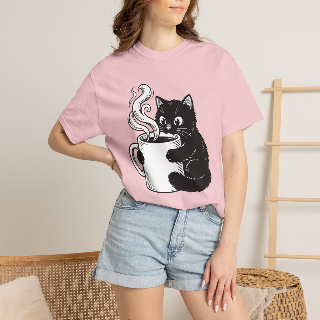 Black Feline Mug Shirt Cat Cappuccino Unisex Gift Cartoon Tee Cat T-Shirt Cat