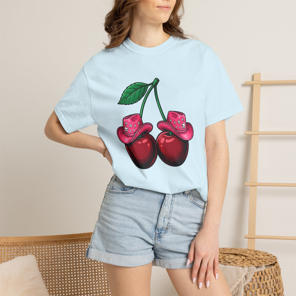 Cherry Cowboy Hat Cartoon T-Shirt – Cowgirl Fall Harvest Design, Women Graphic Tee
