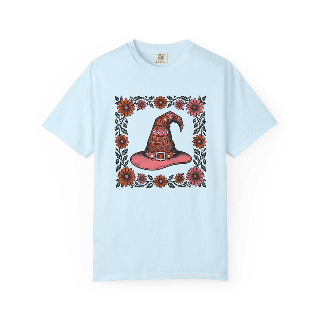 Witch Hat Bouquet Line Art T-Shirt – Floral Halloween Magic Design, Unisex Graphic Tee