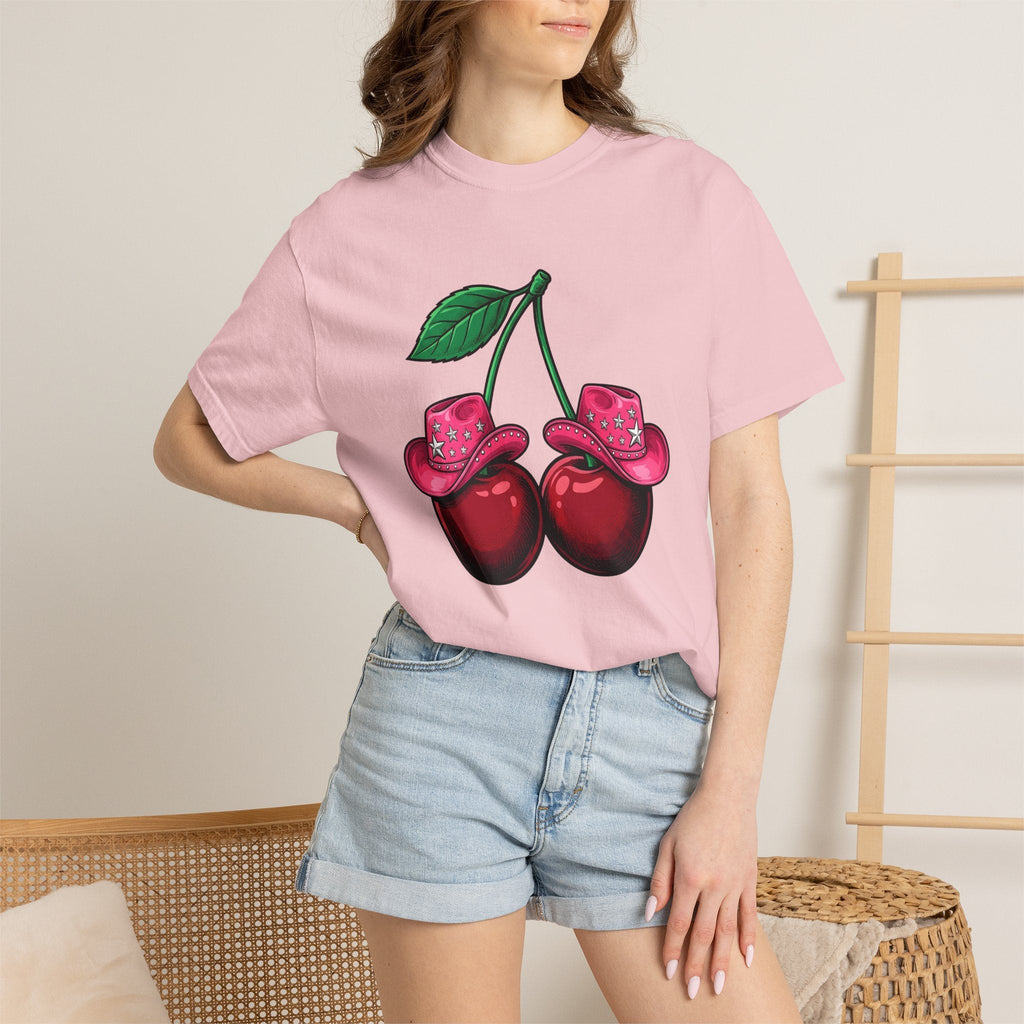 Cherry Cowboy Hat Cartoon T-Shirt – Cowgirl Fall Harvest Design, Women Graphic Tee