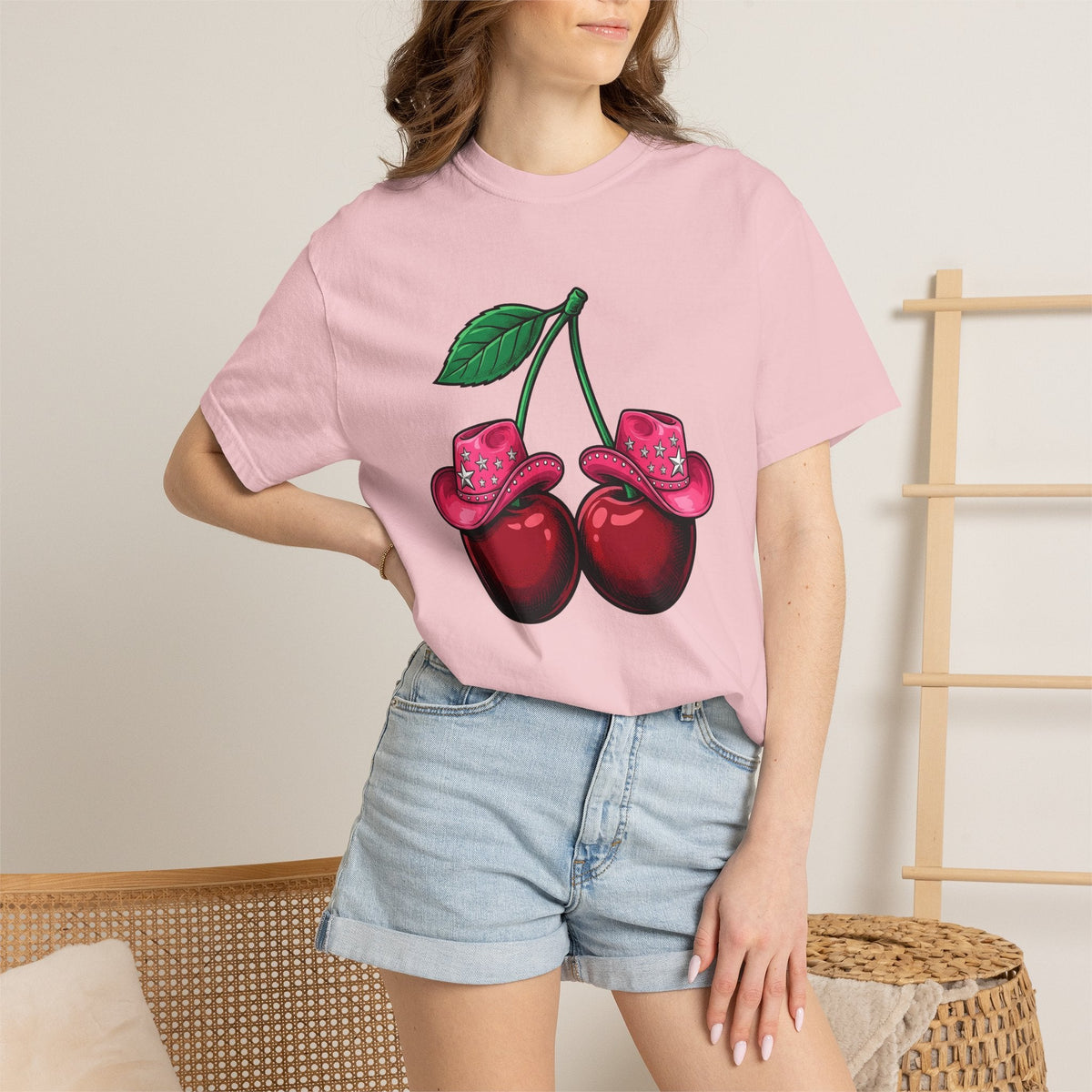Cherry Cowboy Hat Cartoon T-Shirt – Cowgirl Fall Harvest Design, Women Graphic Tee