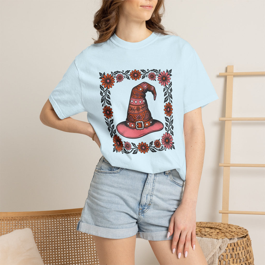 Witch Hat Bouquet Line Art T-Shirt – Floral Halloween Magic Design, Unisex Graphic Tee