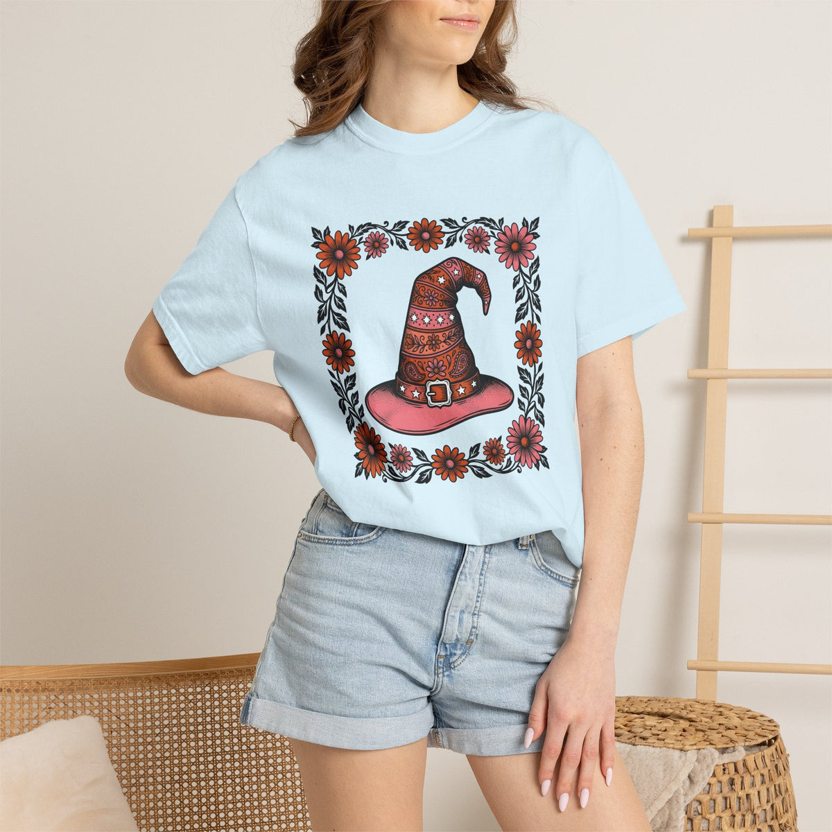 Witch Hat Bouquet Line Art T-Shirt – Floral Halloween Magic Design, Unisex Graphic Tee