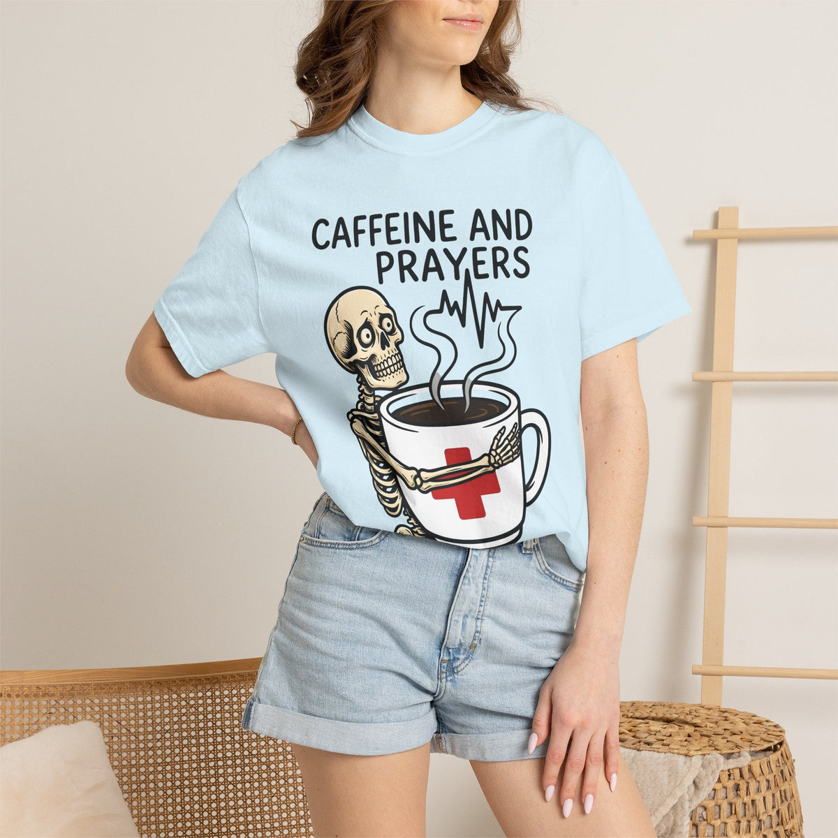 Skeleton Coffee Cup Cartoon T-Shirt – Funny Nurse Halloween Caffeine, Unisex Graphic Tee