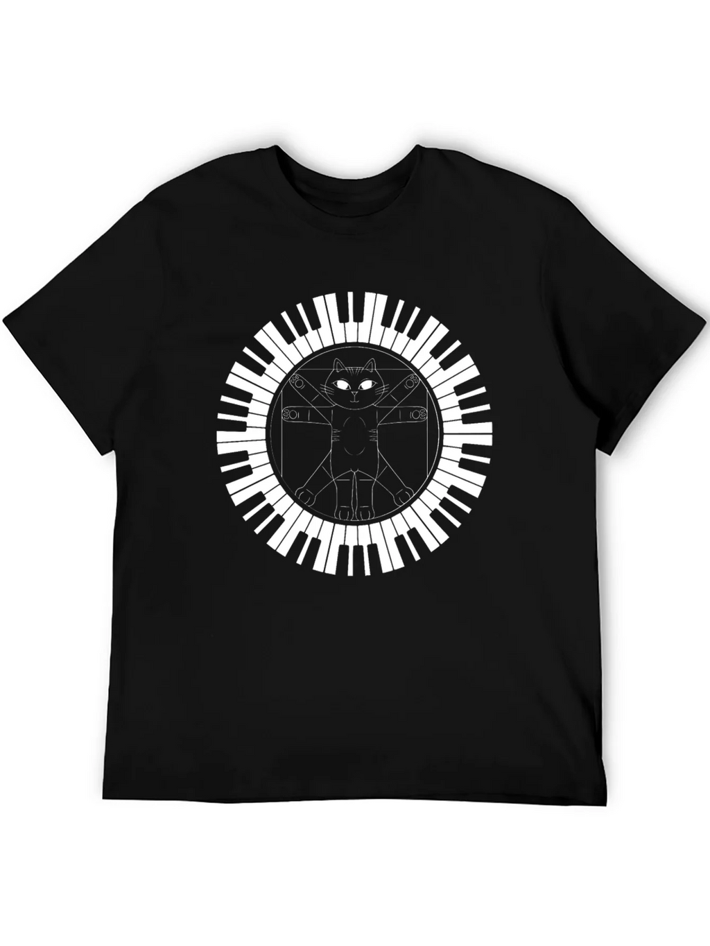 Cat Vitruvian Man Piano Keys Black T-Shirt product image 5