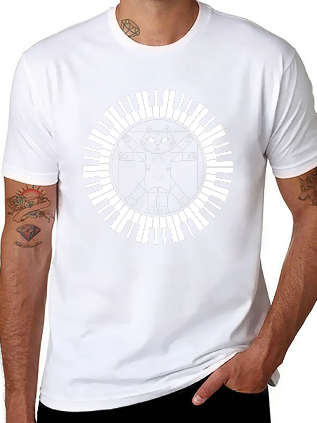 Cat Vitruvian Man Piano Keys Black T-Shirt product image 7