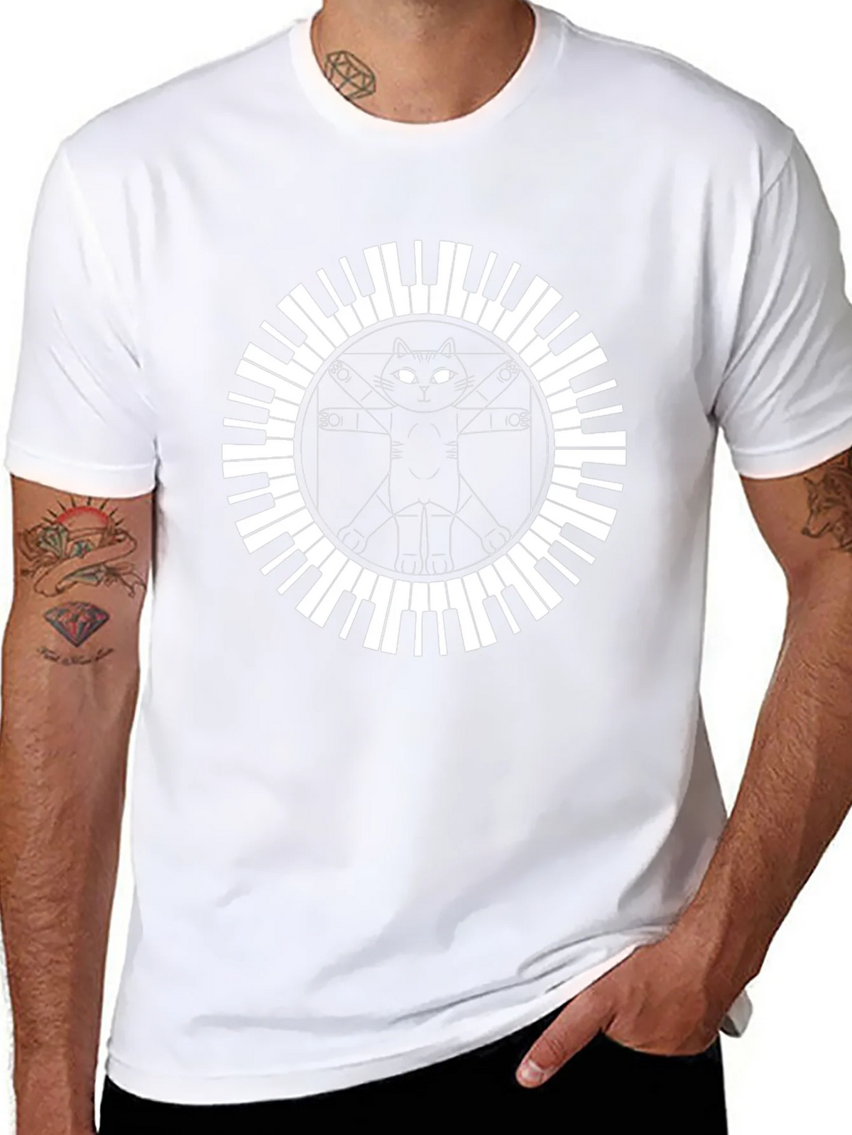 Cat Vitruvian Man Piano Keys Black T-Shirt product image 7