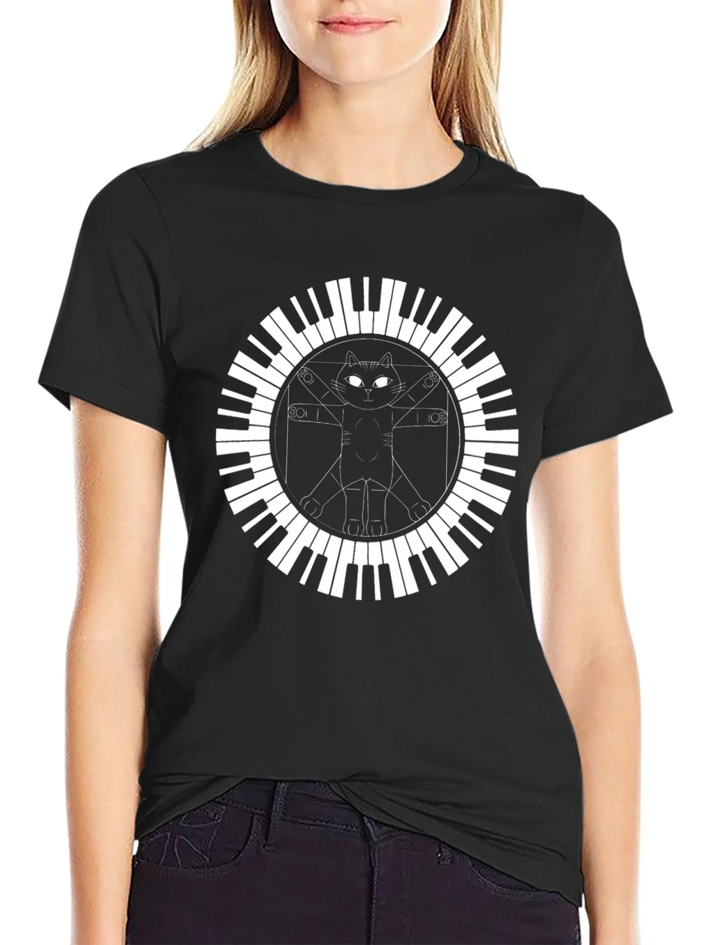 Cat Vitruvian Man Piano Keys Black T-Shirt product image 2
