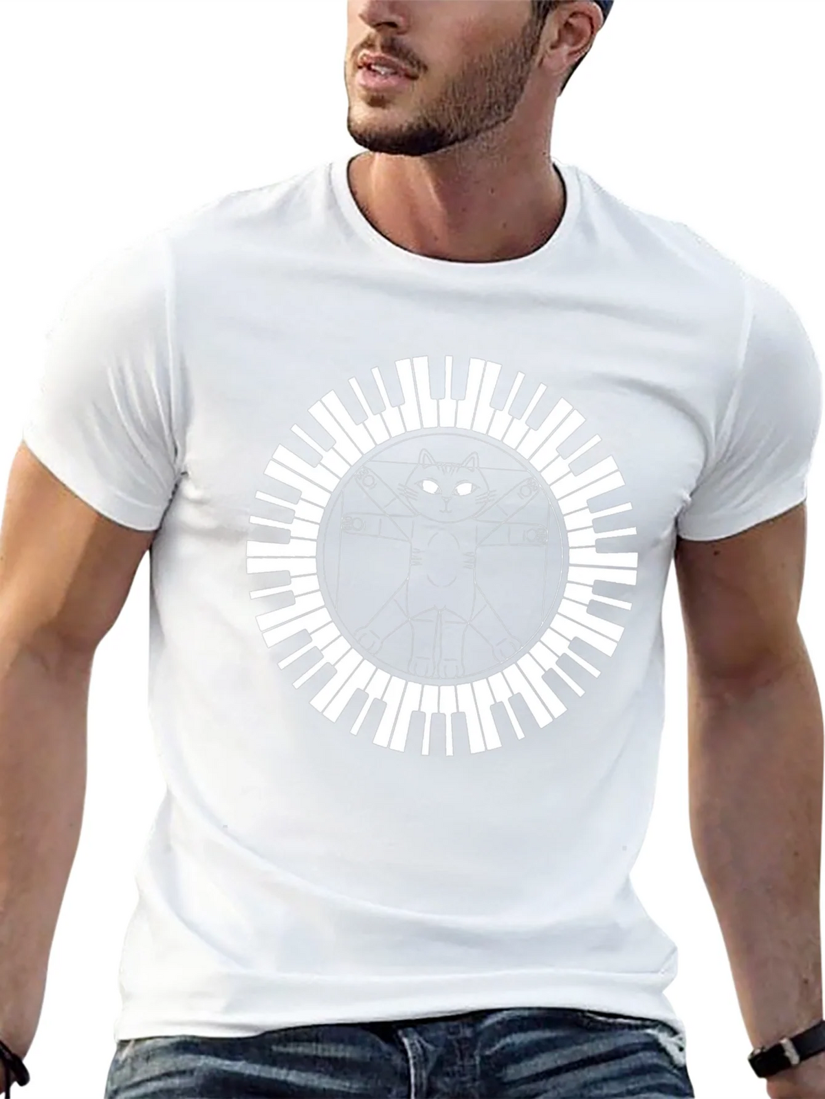Cat Vitruvian Man Piano Keys Black T-Shirt product image 12