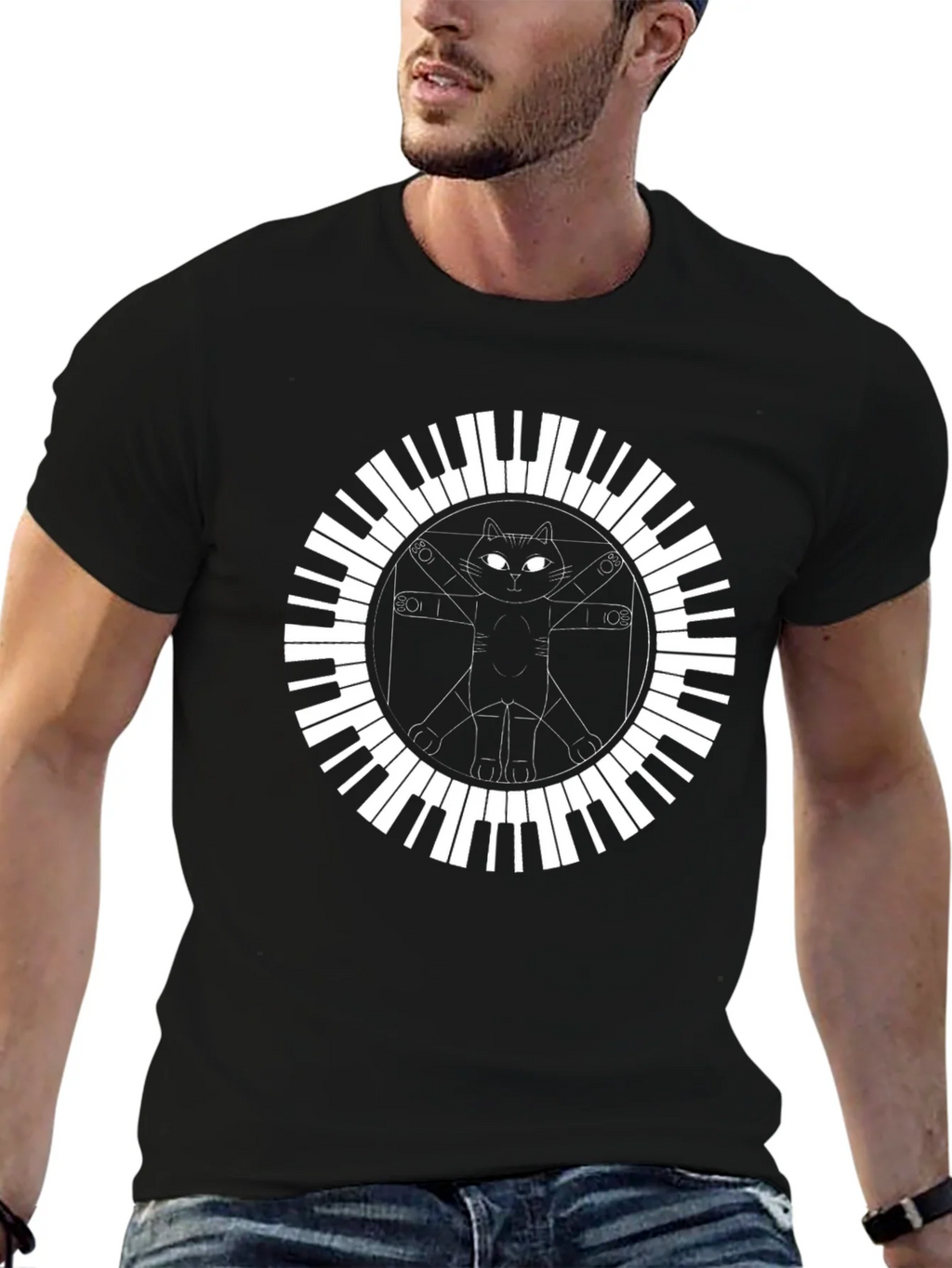 Cat Vitruvian Man Piano Keys Black T-Shirt product image 6
