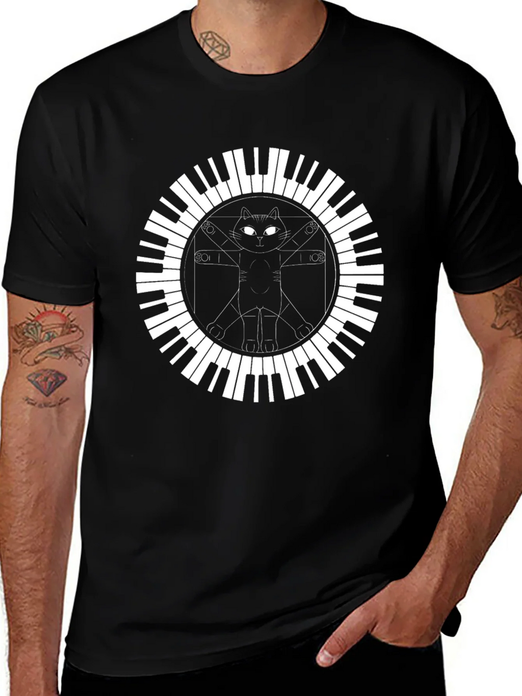 Cat Vitruvian Man Piano Keys Black T-Shirt product image 1