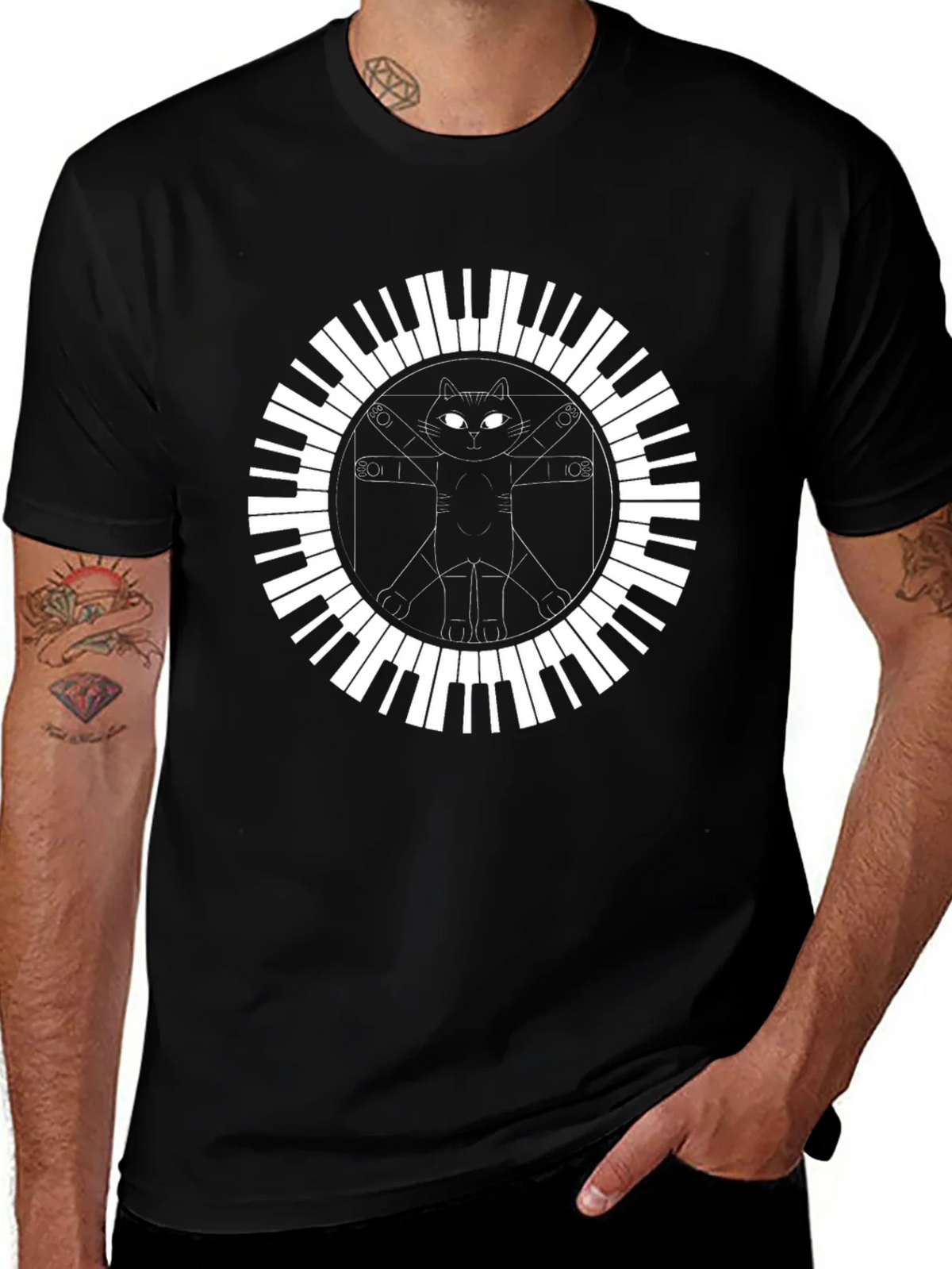 Cat Vitruvian Man Piano Keys Black T-Shirt product image 1
