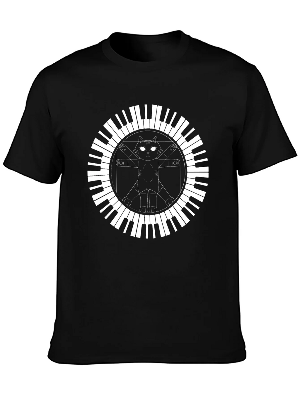 Cat Vitruvian Man Piano Keys Black T-Shirt product image 3