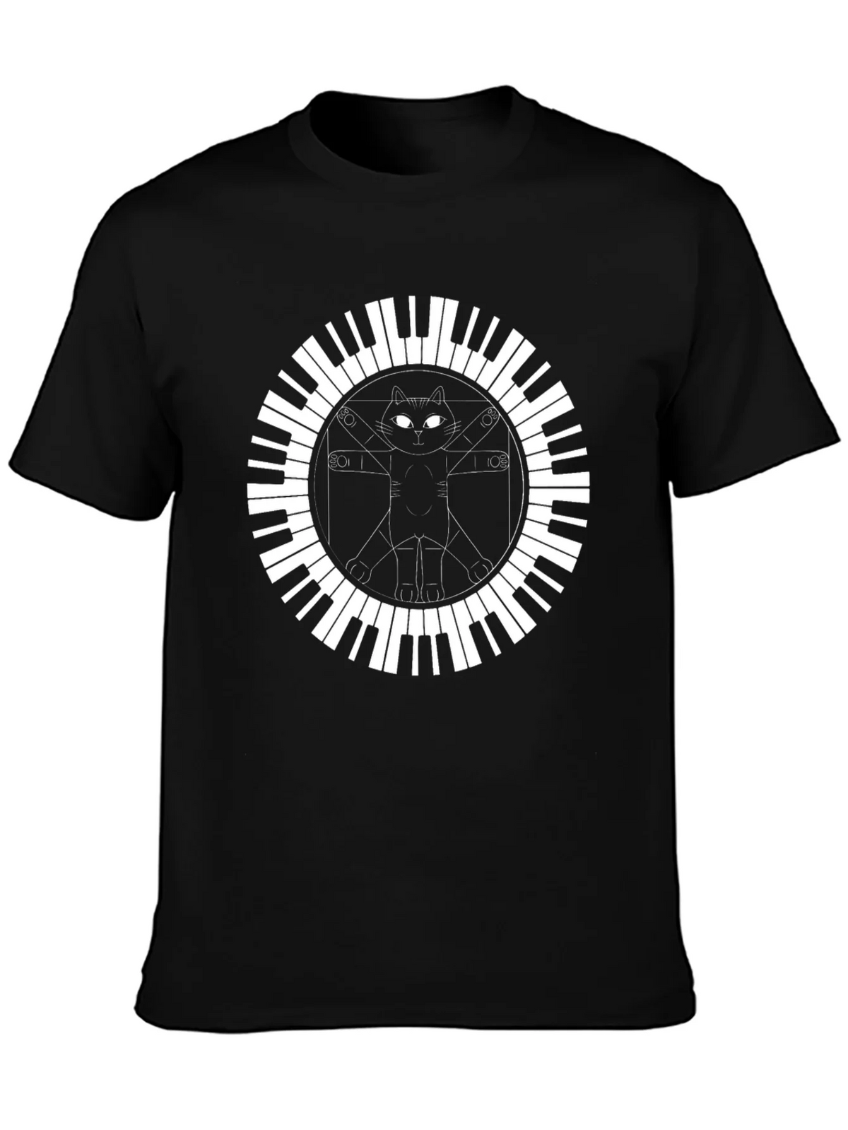 Cat Vitruvian Man Piano Keys Black T-Shirt product image 3