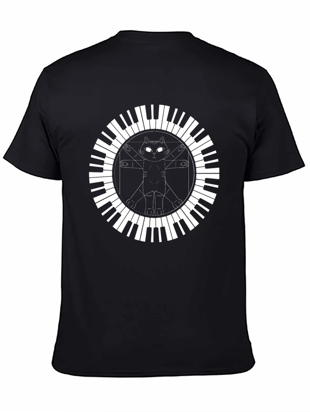 Cat Vitruvian Man Piano Keys Black T-Shirt product image 4
