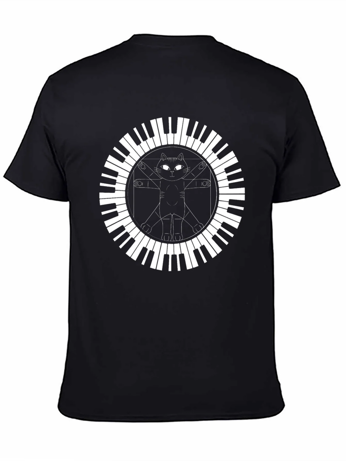 Cat Vitruvian Man Piano Keys Black T-Shirt product image 4