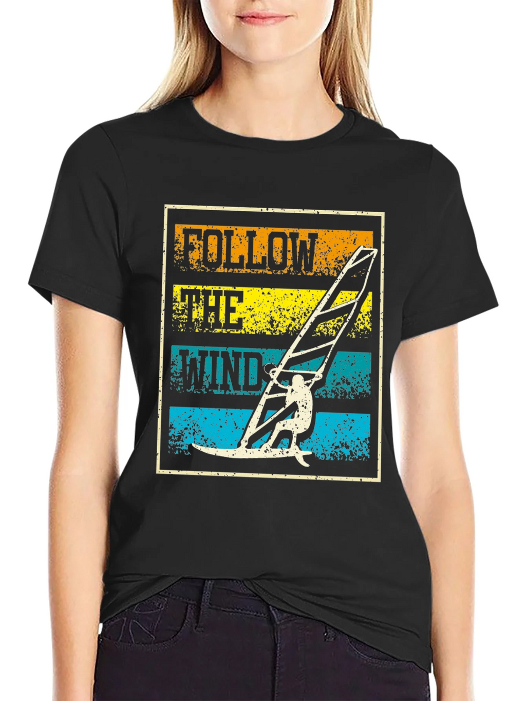 Follow The Wind Black T-Shirt Windsurfing Design product image 1
