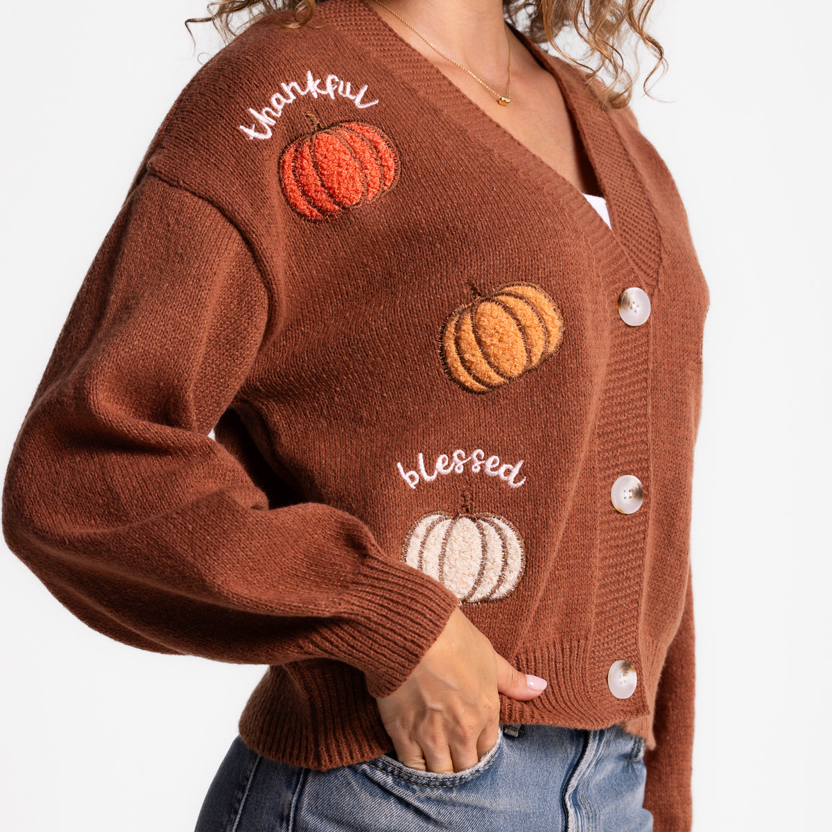 Thankful Grateful Blessed Pumpkins Embellished Cardigan product image 3
